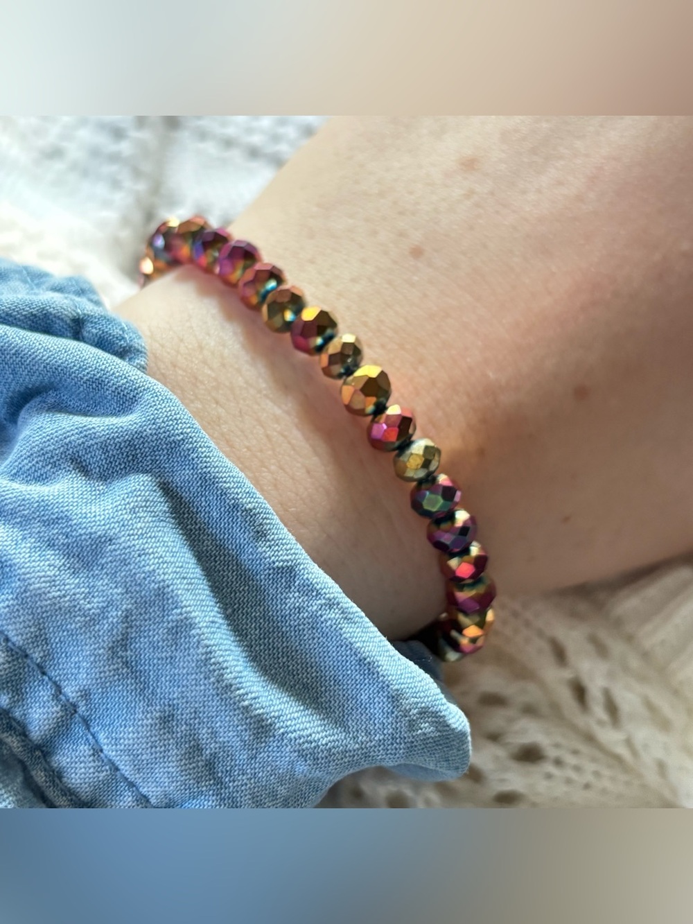 Pink Gold Faceted Glass Bead Stretch Bracelet Sparkle Stackable Handmade Jewelry